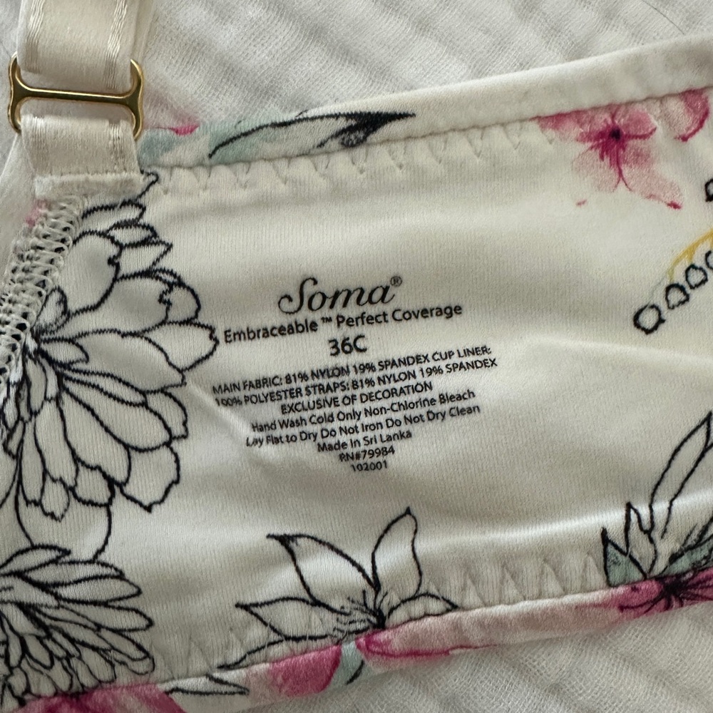 Soma Embraceable Perfect Coverage Underwire Bra 36C Boutique Floral Ivory - Picture 3 of 3